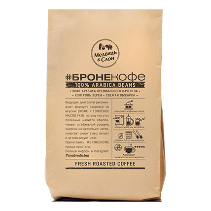 Кофе натуральный жареный в зернах БРОНЕкофе, Медведь & Слон, 500 гр