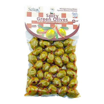 Оливки зеленые Халкидики пряные (острые) с косточкой, Siouras, 250 гр