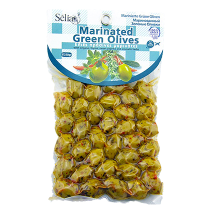 Оливки зеленые Халкидики маринованные с орегано, тимьяном и сладким перцем, Siouras, 250 гр